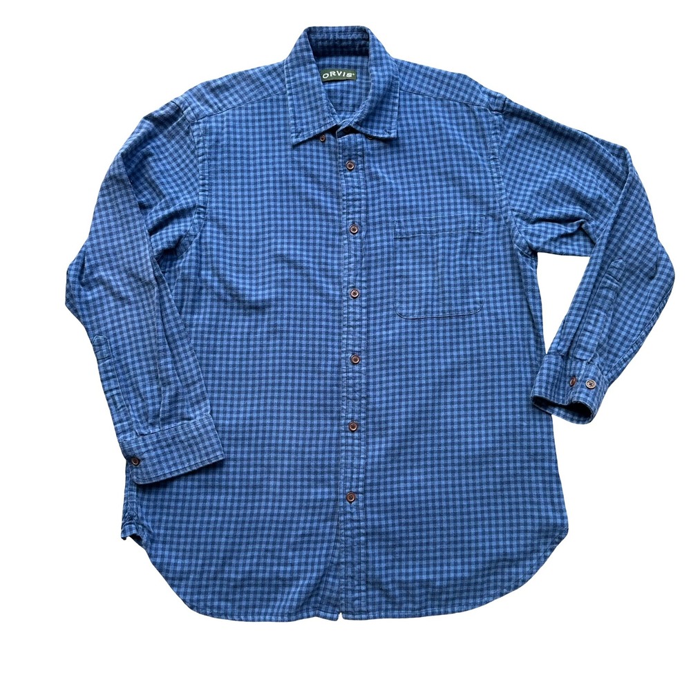 Orvis Flannel Shirt Size Large Blue Cotton Plaid Collared Curved Hem Button-Up